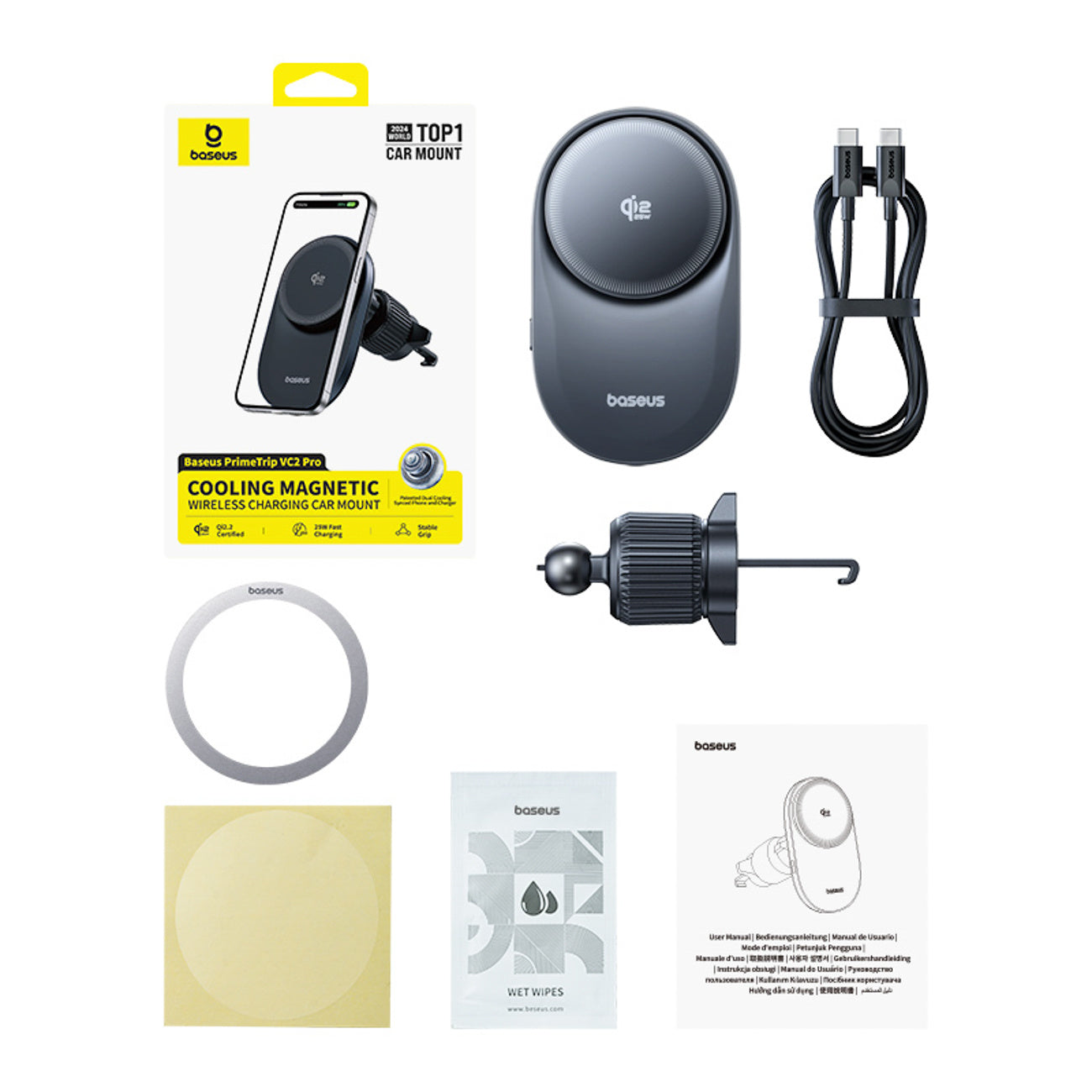 Baseus PrimeTrip VC2 Pro Uchwyt magnetyczny z ładowarką Qi2.2 z wentylatorem na kratkę nawiewu