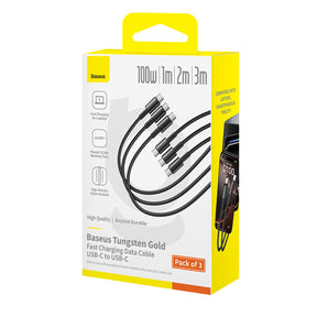 Baseus Tungsten Gold Zestaw kabli USB-C - USB-C 100W 1m 2m 3m